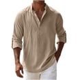 thumbnail image 3 of Men's Long Sleeve Cotton Linen Shirts Solid Color Faddish Stand Up Collar Button Down Pullover Shirt Casual Soft Comfort Workout T Shirts, 3 of 9