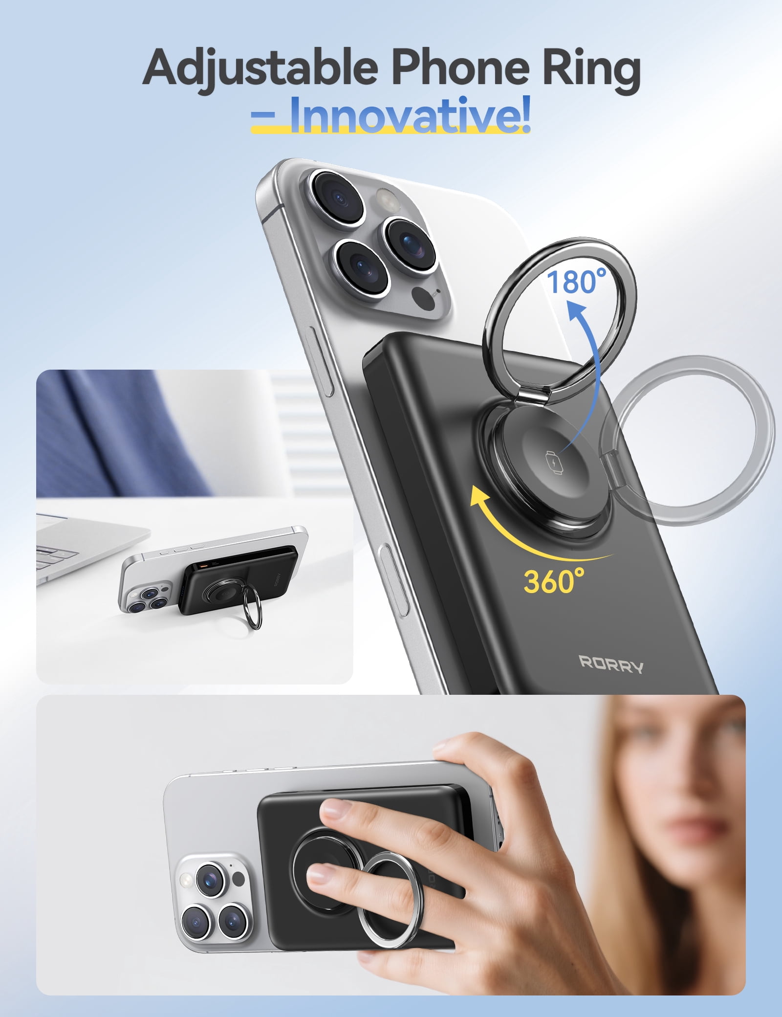 RORRY Magnetic Power Bank for iPhone & Apple Watch, 10000mAh Magsafe Portable Charger with Ring Stand, Fast Wireless Charging, for iPhone 16/15/14/13/12, Apple Watch Ultra/10/9/8/7/6, Black