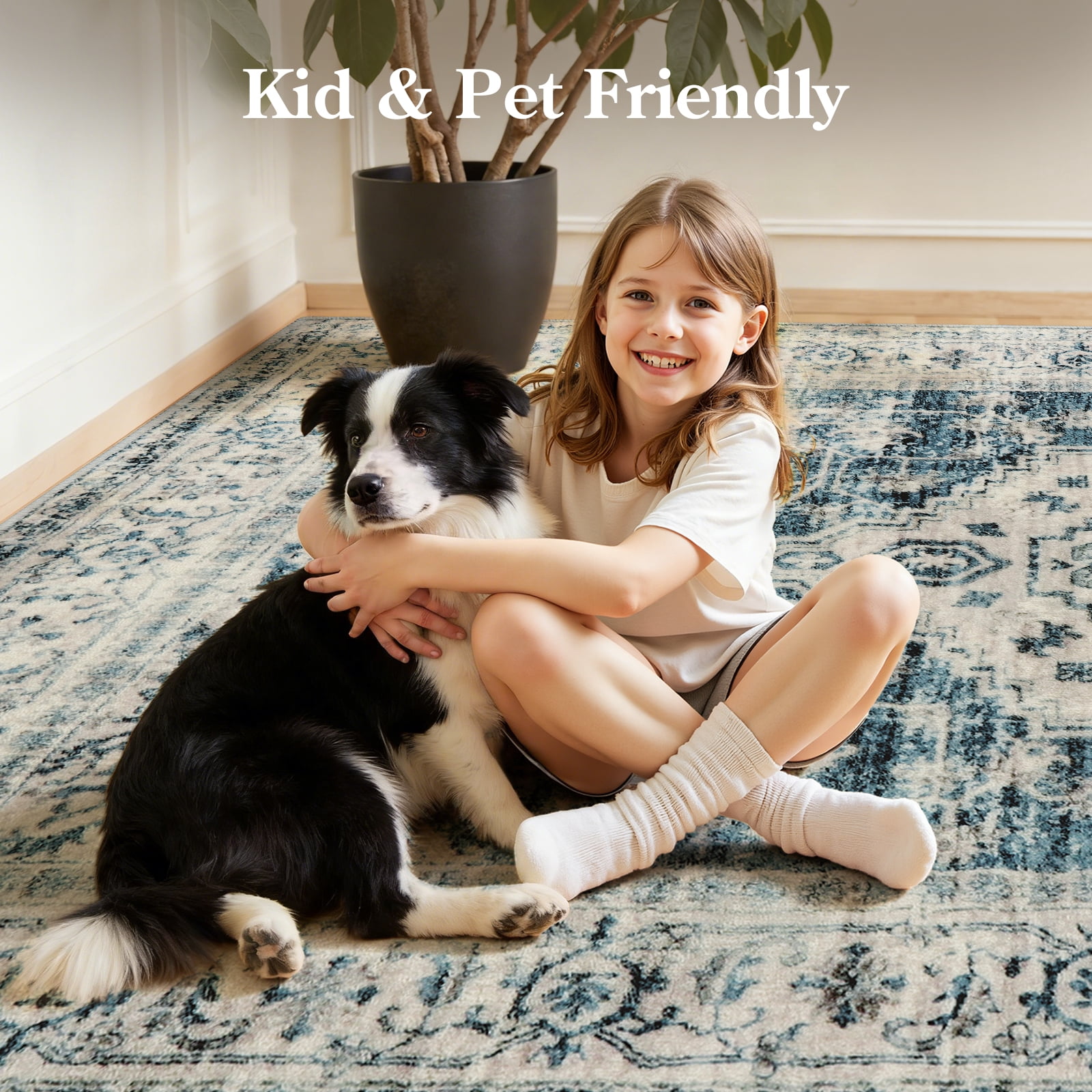 Lahome 2'x3' Blue Boho Washable Area Rug,Non-Slip, Ultra-Thin Low-Pile Mat for Entryway, Kitchen, Bathroom & Bedroom,Indoor Door Mat Accent Carpe