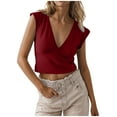 thumbnail image 2 of Babysbule Women Casual V-Neck Short Sleeve Blouse Loose Fit Tee Fashion Solid Color Ruffles Cropped Top for Daily Wear, 2 of 7