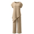 thumbnail image 3 of NMMUED Vacation Outfits for Women Casual 2 Piece Button Detail Top Wide Leg Pants Set Summer Boho Lounge Suits Beachwear Khaki 5XL, 3 of 7