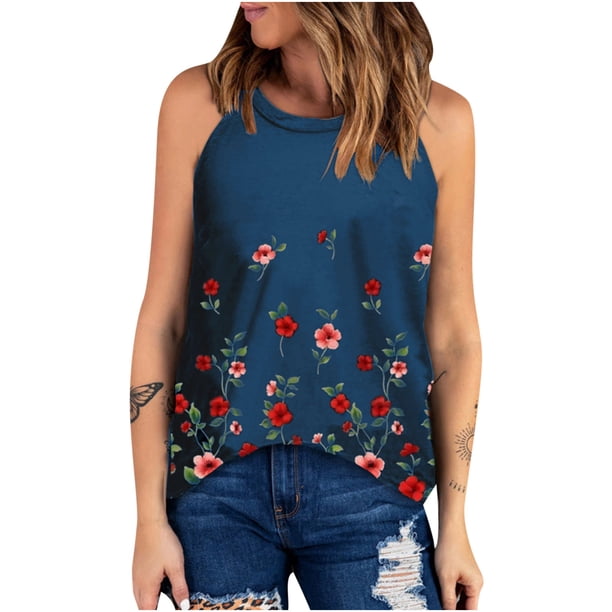 Blusa sin mangas pequeña suelta con estampado de pétalos de verano de moda sexy informal para mujer Pompotops lopia993642