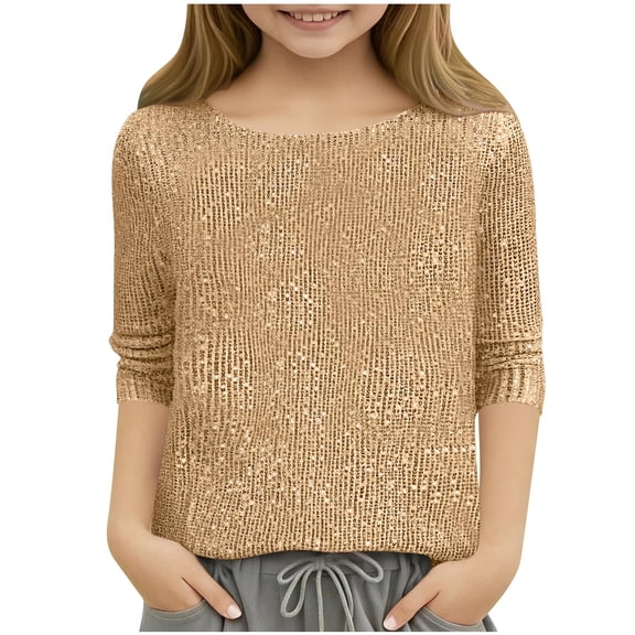 Girls' Sequin Long Sleeve Top Crew Neck Casual T-Shirt with Lining, Shiny Cute Shirt for Festive Party (5-15 Years)