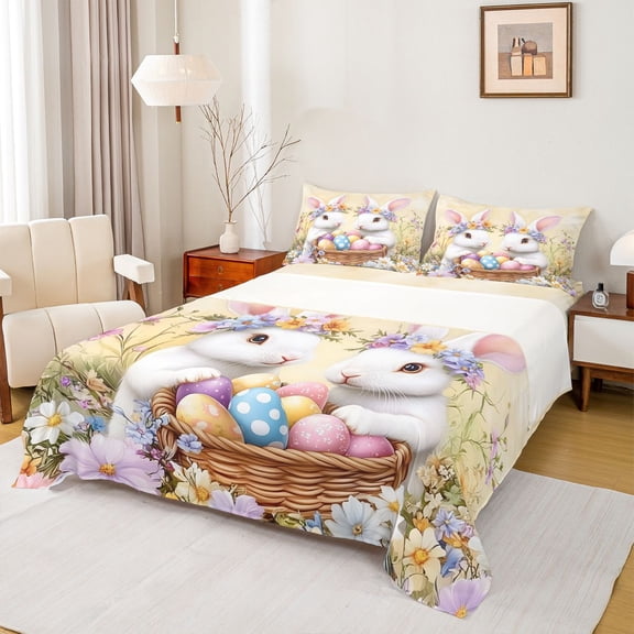 Feelyou Kawaii Rabbit Bunnies Twin Sheet Sets, Cartoon Eggs Twin Fitted Sheet, Happy Western Easter Flat Sheet, Ultra Soft Bedroom Decor, 3pcs