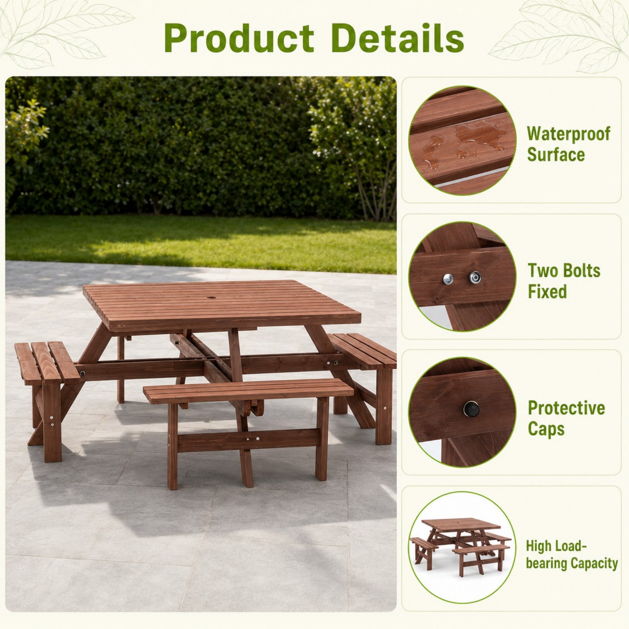 DEALTOPS 8-Person Solid Wood Square Picnic Table Set with Umbrella Hole & 4 Built-in Benches for Patio