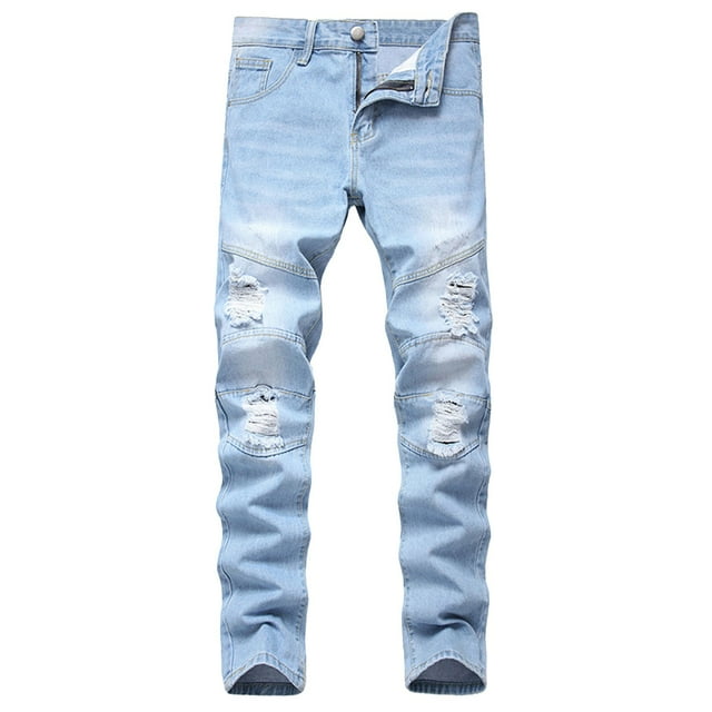 Men's Loose Fit Jeans New Fashion Have Pockets Button Zipper Personality Trend Jeans for Men Light Blue L