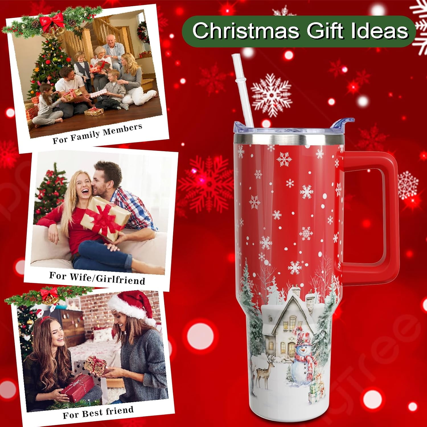 40oz Christmas Tumbler With Handle Lid and Straw, Stainless Steel Pink Xmas Snowman Insulated Coffee Cup, Christmas Gifts for Women/Mom/Daughter/Aunt/Girlfriend