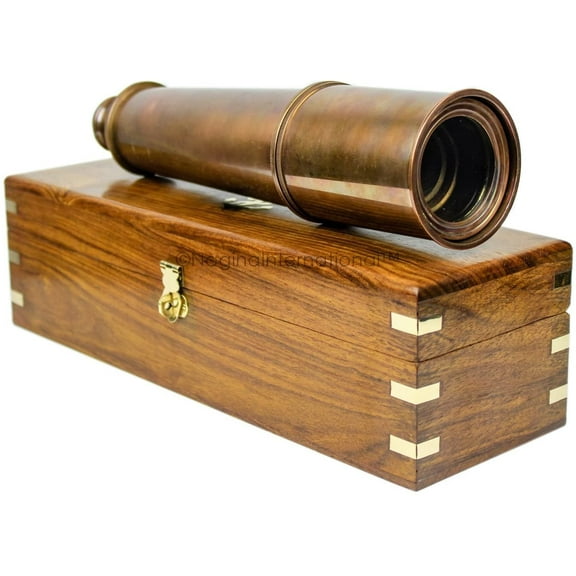 Deluxe Nautical Pirate Boat Brass Spyglass with Functional Optical Zooms & Genuine Rosewood Storing Case Anchor Emblem Inlaid | Nagina International (32 Inches, Antique Copper (W/Box))