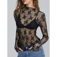 thumbnail image 5 of Yunliwuli Women Long Sleeve T-Shirts Mesh See-Through Mock Neck Lace Shirts Spring Fall Slim Fit Tops Streetwear, 5 of 9