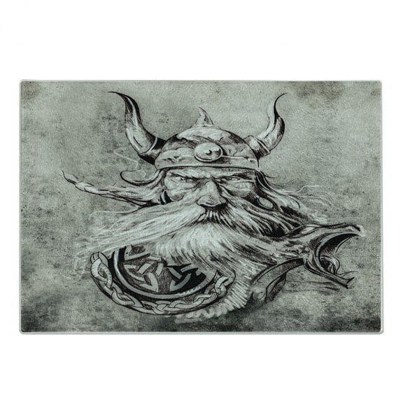Tattoo Cutting Board, Pencil Drawing of a Brave Viking Warrior Armour Image Adventure, Decorative Tempered Glass Cutting and Serving Board, Small Size, Grey and White, by Ambesonne