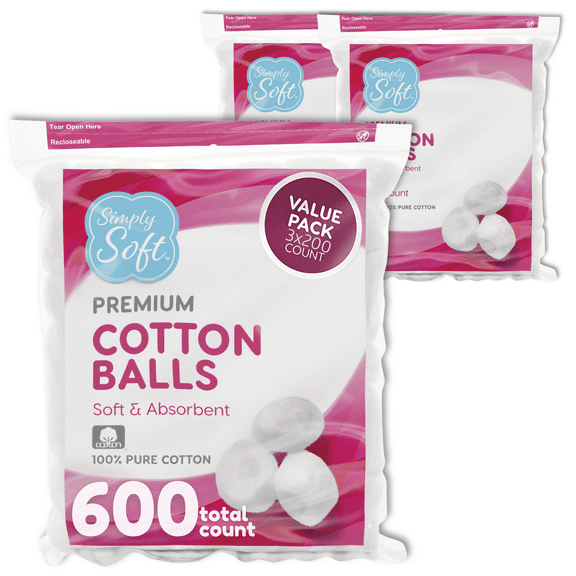 Simply Soft Premium Cotton Balls, 100% Pure Cotton, Absorbent, 200 Count (Pack of 3)