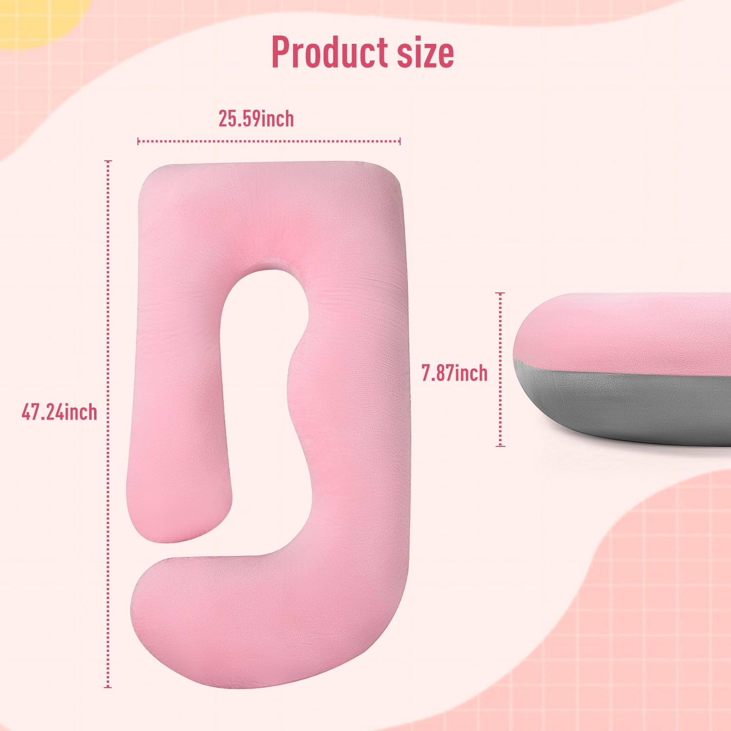 Babyomi J Shaped Maternity Pillow - Full Body Support for Pregnancy, Back & Hip Pain Relief, 3-in-1 Nursing Pillow, Machine Washable Cover, Grey Pink