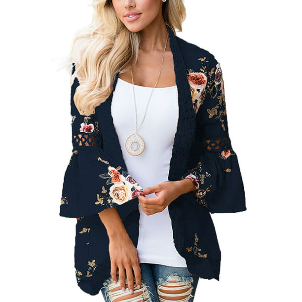 Lumento Women Floral Print Bell Sleeve Kimono Cardigan Loose Cover Up Open  Front Casual Blouse Tops Dark Blue M - Walmart.com