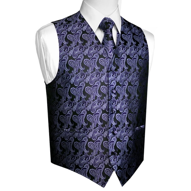 Italian Design, Men's Tuxedo Vest, Tie & Hankie Set Purple Paisley