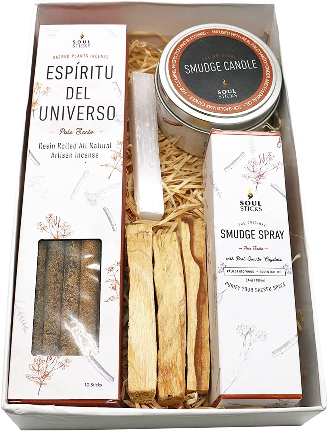 Soul Sticks Shaman's Kit Palo Santo Gift Set with Espiritu Incense Sticks, Sage Smudge Stick, Smudge Candle, Smudge Spray, 4" Selenite Wand in White Gift Box