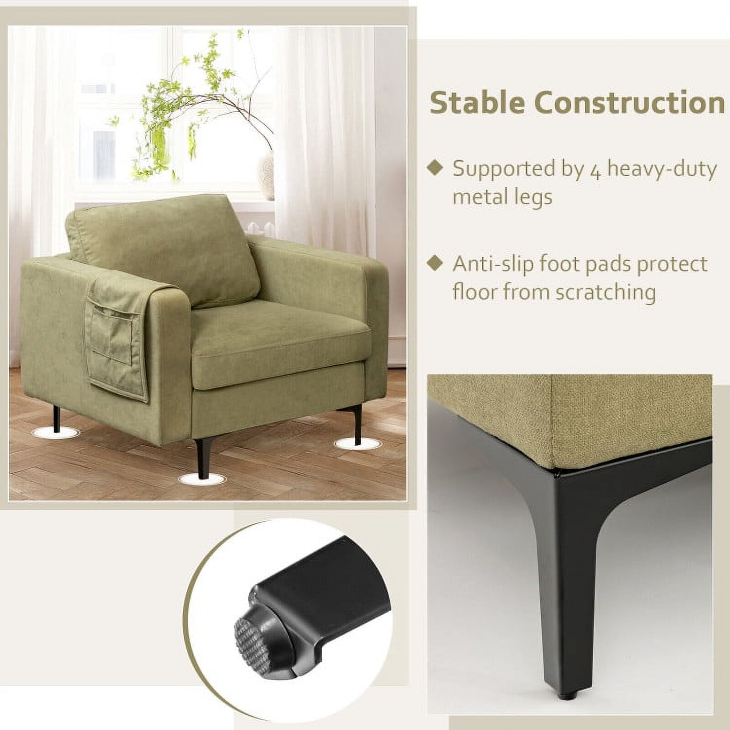 Finihen Upholstered Accent Armchair, Modern Accent Armchair with Side Storage Pocket, for Living Room, Bedroom, Green