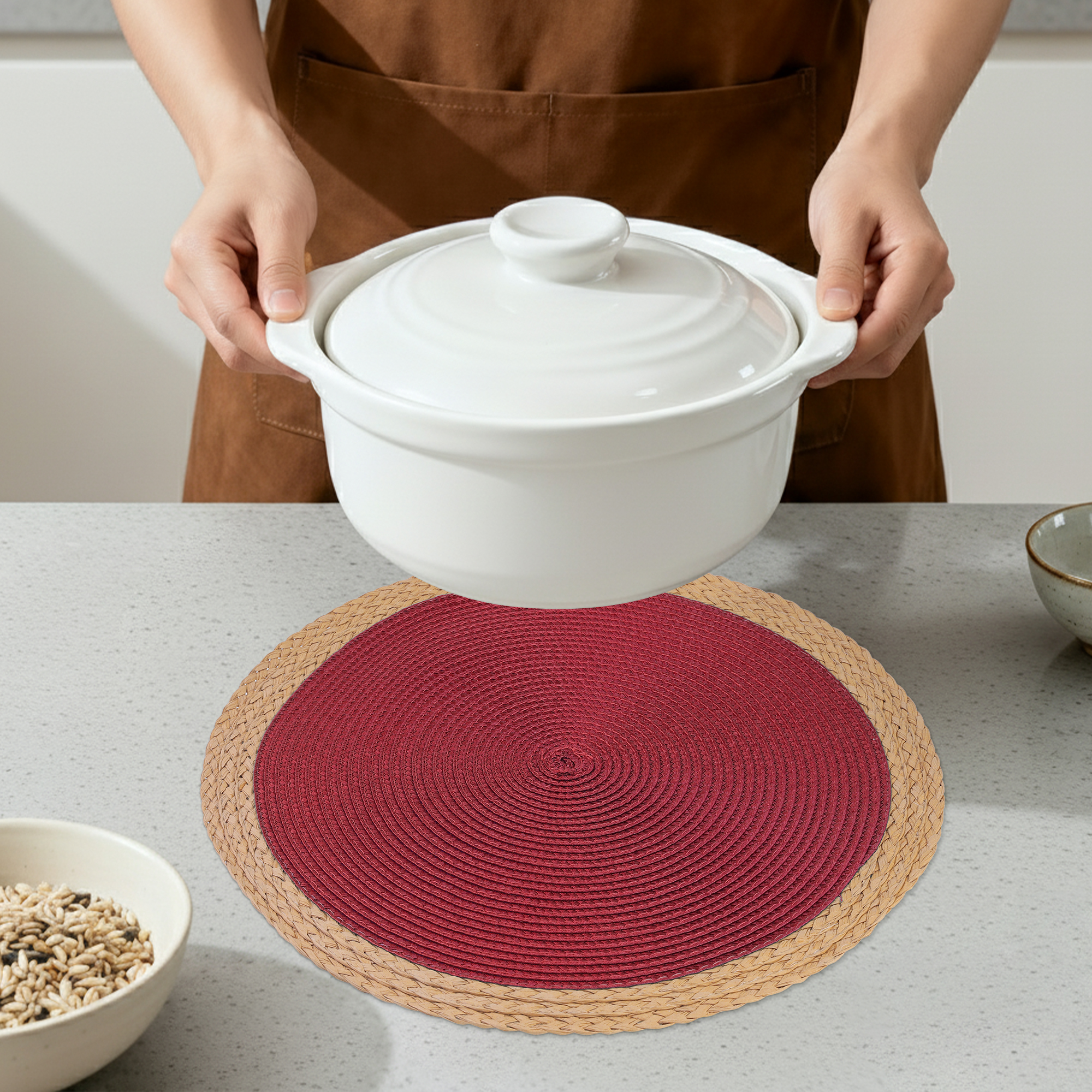 Unique Bargains Farmhouse Placemats Set of 6 Washable Kitchen Table Mat Wine Red
