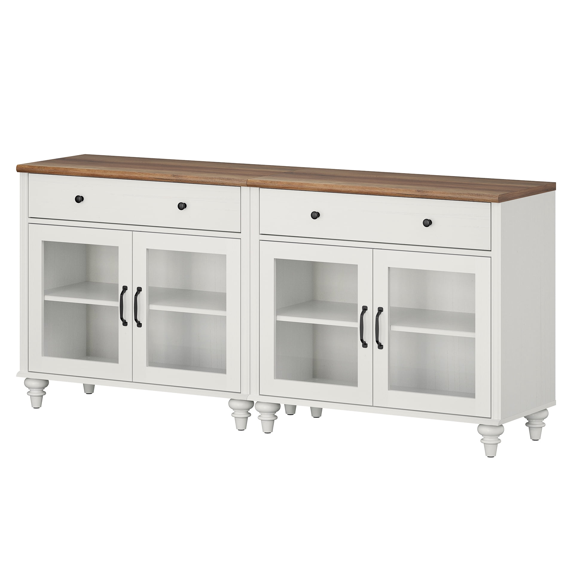 68" White Glass Door Buffet Cabinet with Drawer, Farmhouse Sideboard with Storage
