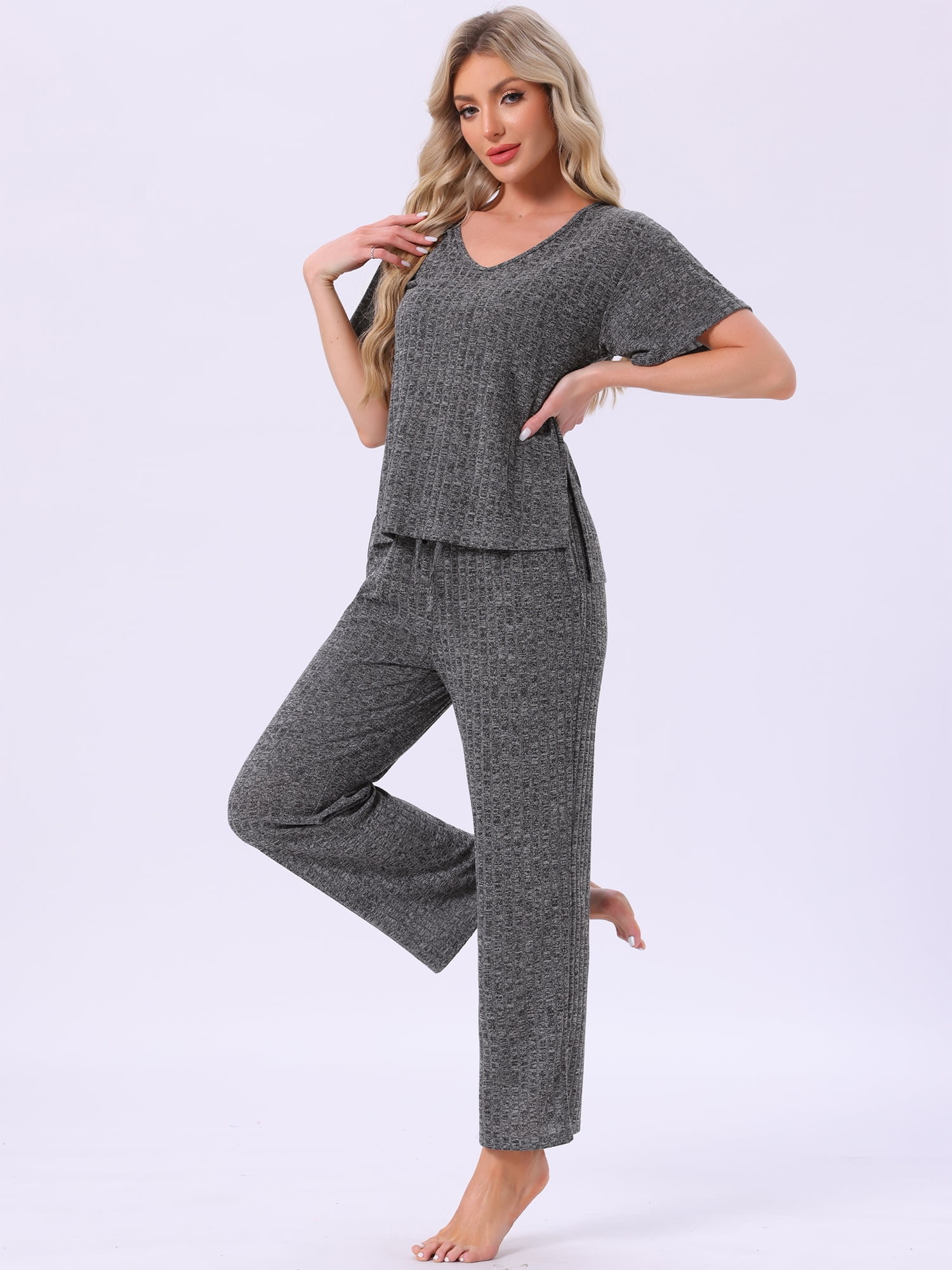 DARING DIVA Pajama Set Ribbed Knit Top Drawstring Pants 2 Pieces Outfit XL Dark Grey