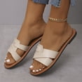 thumbnail image 6 of Beige Sandals for Women Fashion Flat Slide Sandals, Square Open Toe Slip On PU Leather Slides Footwear - Mules Women's Sandals for Beach Shopping Dressy 9, 6 of 7