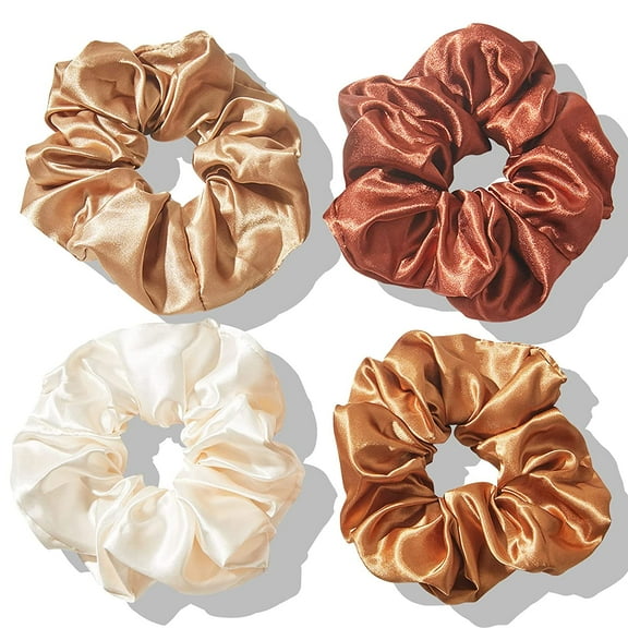 4pcs Silk Satin Hair Ties,Oversized Soft Hair Scrunchies for Women Girls Gift,Elastic Ponytail Holder Decorations,Hair Style Accessories,Light brown, coffee, dark brown, off-white Scrunchy