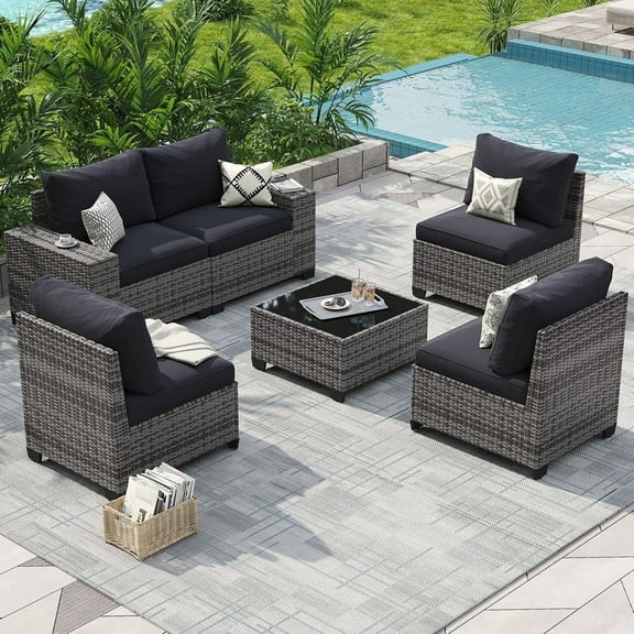 Aoxun Patio Furniture Set, 6 Pcs Outdoor Patio Furniture Sets with 4in Thicken Cushion, Widen Armrests Wicker Outdoor Sectional for Backyard (Waterproof Cover Include)