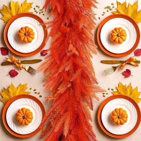 Guvpev 9FT Artificial Fall Norfolk Pine Garland Autumn Orange Faux Norfolk Pine Garland Halloween Garland Ornaments Real Touch Norfolk Pine Fall Garland for Holiday Indoor Outdoor Seasonal Decor