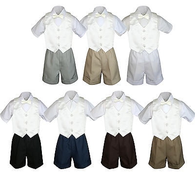 

4pc Set Boy Toddler Formal Ivory Vest and Bow tie White Khaki Shorts S-4T