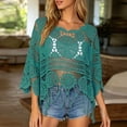 thumbnail image 3 of Crochet Tops for Women Summer Lightweight Hollow Out Beach Cover Up Solid Color Swimsuit Coverup 3/4 Sleeve Boho Fringe Trim Vacation Sun Shirts, 3 of 6