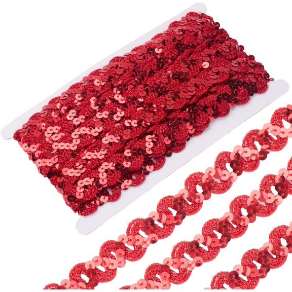 12 Yards Red Sequin Trim Flat Sequins Beaded Strip Rick Rack Wave Woven Trimming Metallic Glitter RIC Rac Fabric Ribbon for Sewing Making Crafts Choker Clothes Home Decor DIY Supply