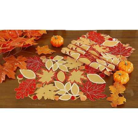 

Thanksgiving Fall Placemat 13 x19 Set of 4 Harvest Applique Cutwork Embroidered Maple Leaves Dresser Scarf for Home Kitchen Holiday Party Decoration
