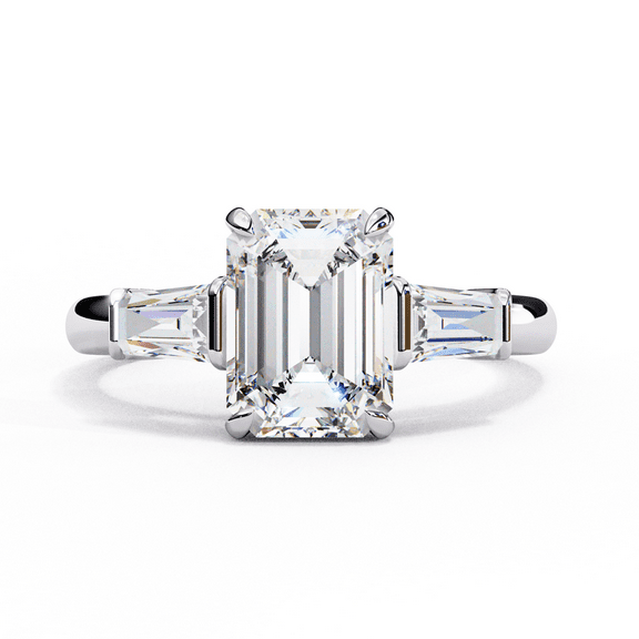 2.27 CT Emerald Cut Lab Created Diamond, Solitaire Wedding Ring, 3 Stone Engagement Ring, Side Baguette Diamond Wedding Anniversary Ring