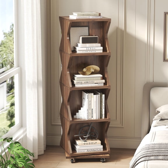 Paasyonmate Rotating Bookshelf Tower, 4 Tier 360° Revolving Bookcase with Wheels, Walnut Wood Corner Storage Organizer for Home and Office