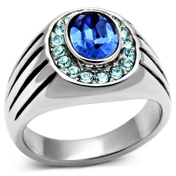 Mens Ring Blue Round Stainless Steel Ring with Top Grade Crystal in Sapphire