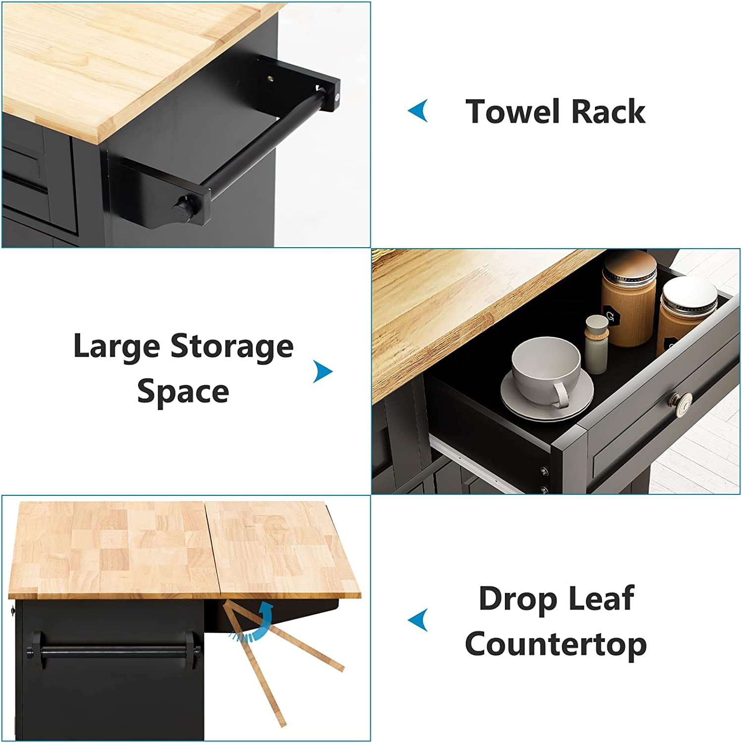 CAIDI Rolling Kitchen Islands with Adjustable Shelves, Wood Composite Black, 5.20 in