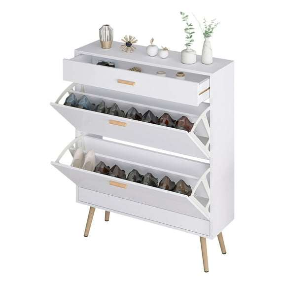 HiiKaa Shoe Cabinet Storage with 2 Flip Drawers,Free Standing Wooden Shoe Storage Organizer Cabinet with Rattan Doors for Entryway, Narrow Shoe Rack Cabinet,White