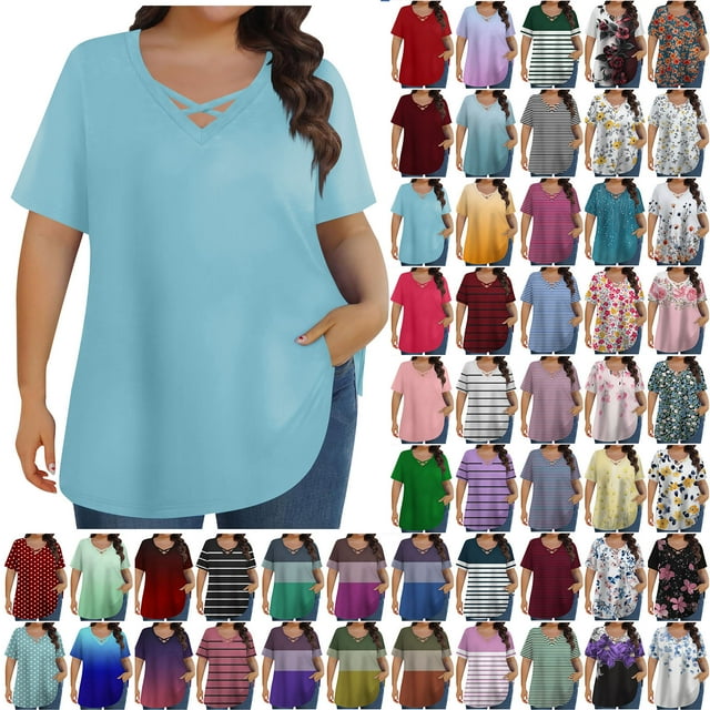 ZVAVZ Hauts Grande Taille pour Femmes Été Boho Manches Courtes Chemises Imprimées Décontractées Amples Col en V Mode Tunique Oversize Blouses Multicolores, 2TG