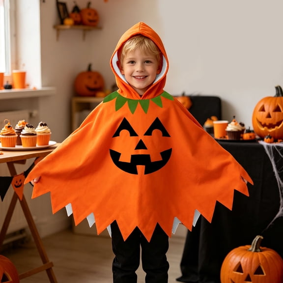 Halloween Kids Pumpkin Hooded Poncho Party Dress Up Accessories (Orange1 6-7 Years)