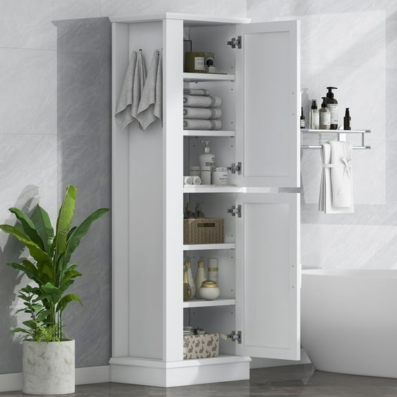 AENKYO 68'' Bathroom Cabinet with Adjustable Shelves, Side Reversible High Storage Cabinet with Hooks, White
