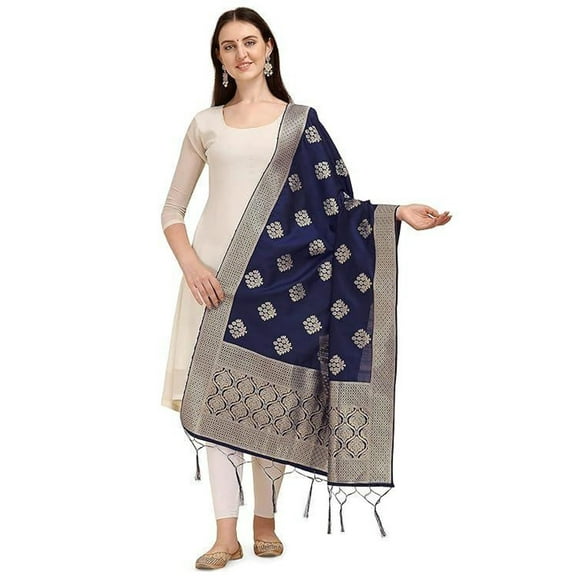 AlchemicLiving Women's Navy Blue Floral Woven Banarasi Silk Zari Dupatta Thread Work - Beautiful Scarf Chunni for Girls - Size: 1M x 2.5M