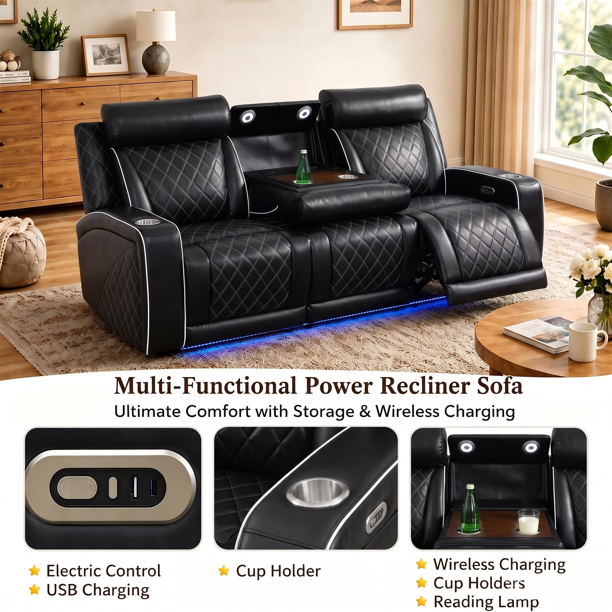 Aukfa Power Recliner 3 Seat RV Sofa with USB & Wireless Charging, Cup Holders Console & LED Lighting, Home Theater Seating for Living Room, PU Leather, Black