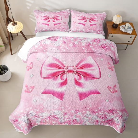 Erosebridal Pink Princess Bowknot Twin Quilt Set For Girls,3D Glitter Print Diamond Kids Twin Coverlet Set,2-Piece