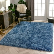 Well Woven Kuki Chie Glam Solid Textured Ultra-Soft Blue 5'3" x 7'3" Two-Tone Shag Area Rug