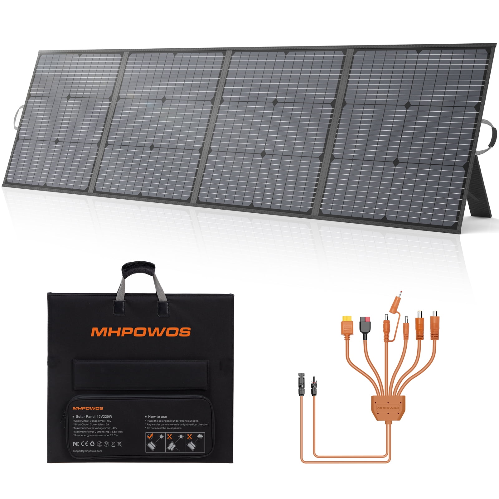 MHPOWOS 220W 40V Portable Solar Panel Solar Cable Solar Panel Kit IP67 Waterproof Durable for Powerstation RV Camping