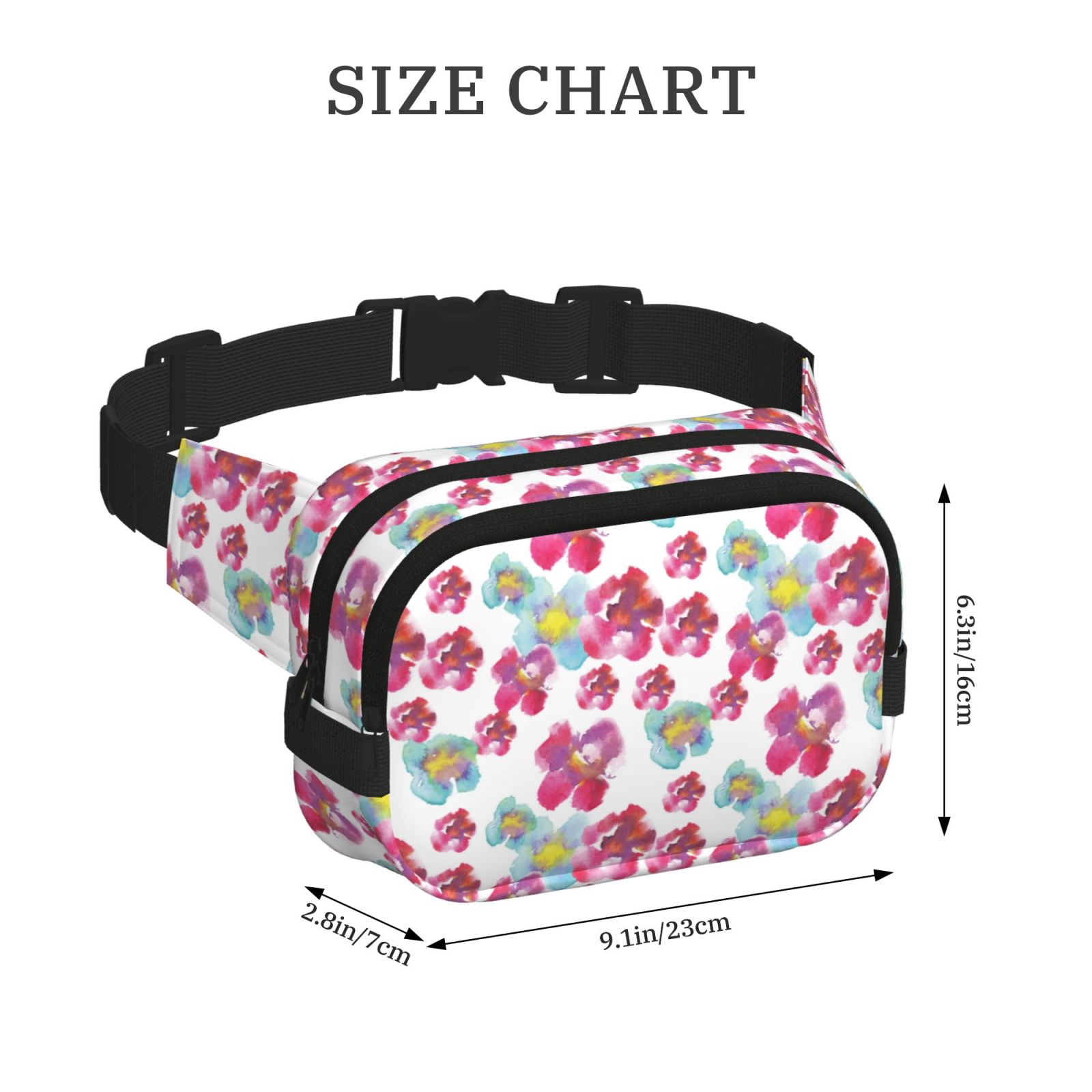 Picia Watercolor Flowers Print Square Double-Layer Waist Bag Mini Adjustable Waist Belt Bag Exercise Running Travel Hiking