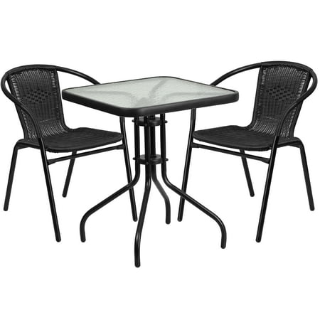 Flash Furniture 23.5'' Square Glass Metal Table with 2 Black Rattan Stack