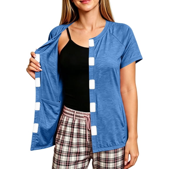 Women’s Mastectomy Shirt with Drain Pockets Short Sleeve Post Surgery Shirt Hook and Loop Port Access Top Blue L