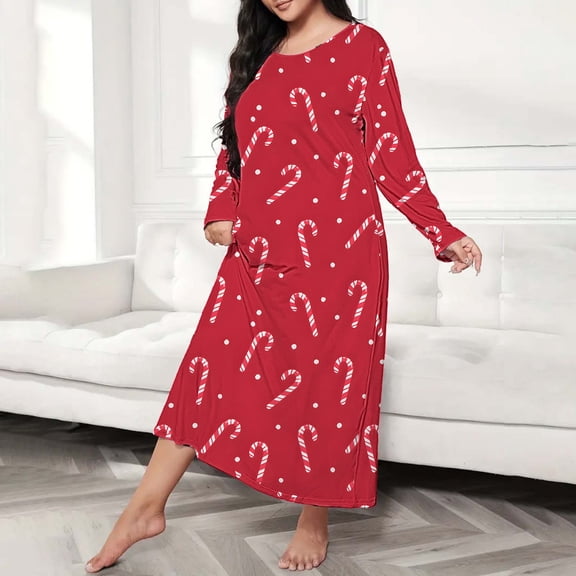 CQXIDFH Women's Plus Size Nightgown Crew Neck Long Sleeve Sleepwear, Soft Stretch Printed Midi Sleep Dress with Side Pockets, Holiday Christmas & Daily Oversized Loungewear Nightshirt Red