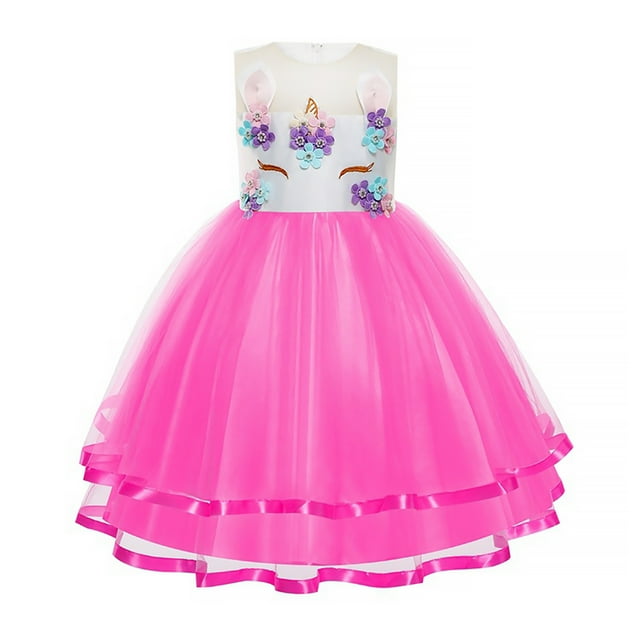 KAWELL Robe Fleurie Unicorn pour Filles Robe de Princesse Élégante Robe de Fête d'Anniversaire 2-8 Ans