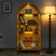 GZXS 71 Tall Arched Cabinet with LED Light Strip, Kitchen Pantry Storage Cabinet with Glass Doors & Adjustable Shelves, Modern 5-Tier Display Bookcase for Living Room, Dining Room, Brown